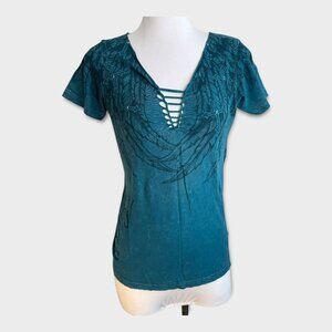 Rebel Saints by Affliction Teal Feather Print‎ T-Shirt Size Large